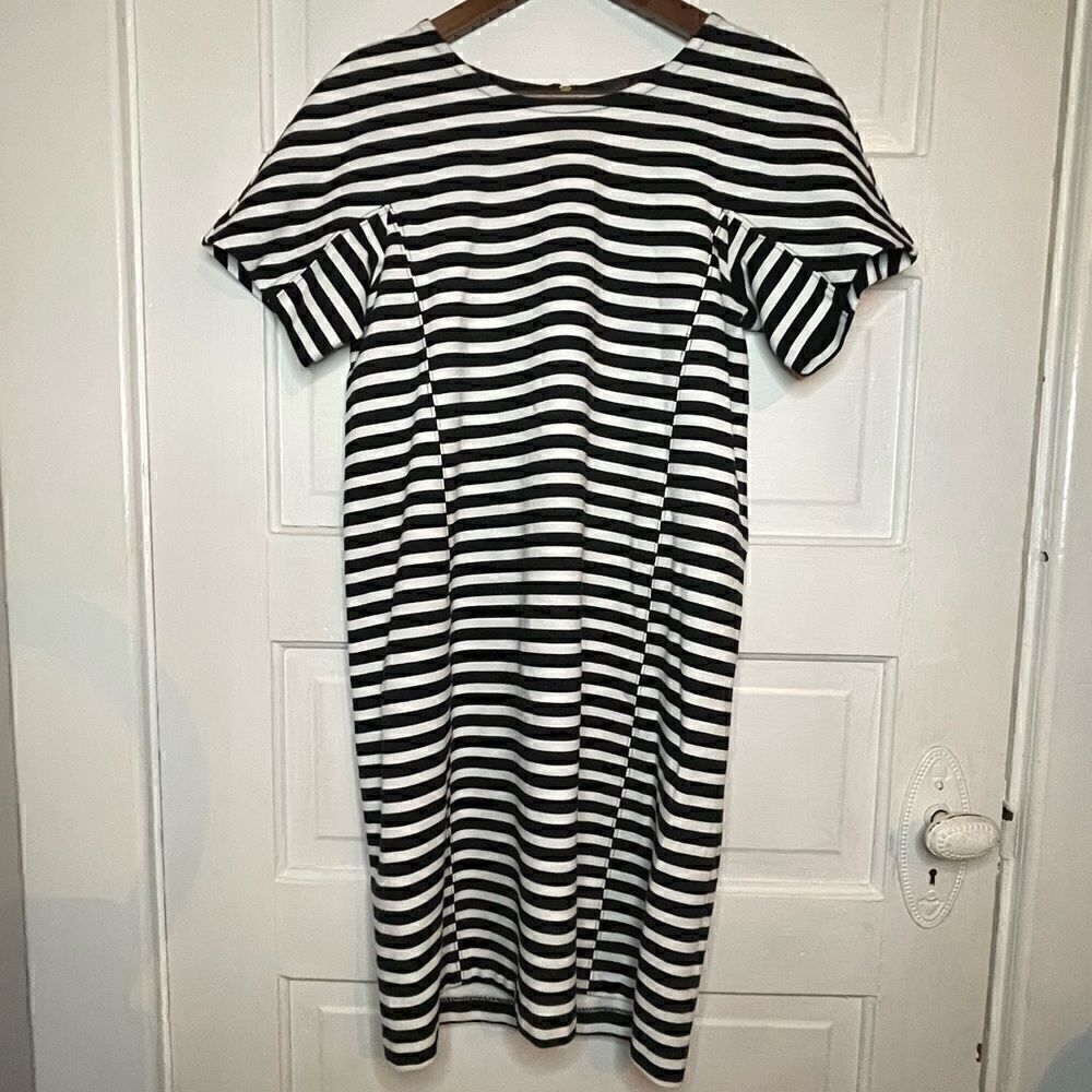 J. Crew Black & White Striped Short Sleeve Dress w/ Exposed Zipper